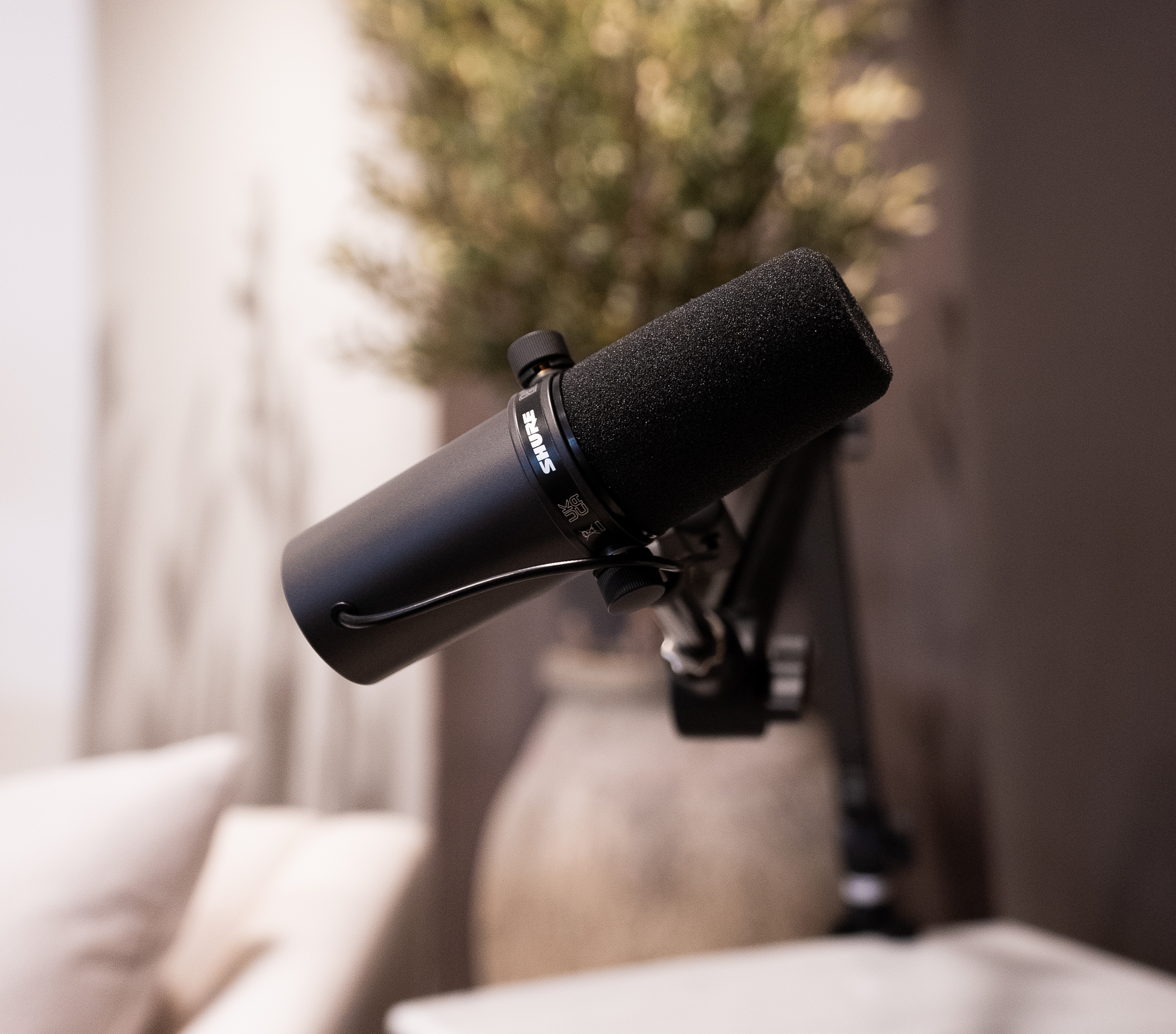 Shure microphone in podcast studio in Marbella